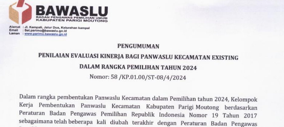 Pengumuman Evaluasi Kinerja Bagi Panwaslu Kecamatan Existing dalam Rangka Pemilihan tahun 2024