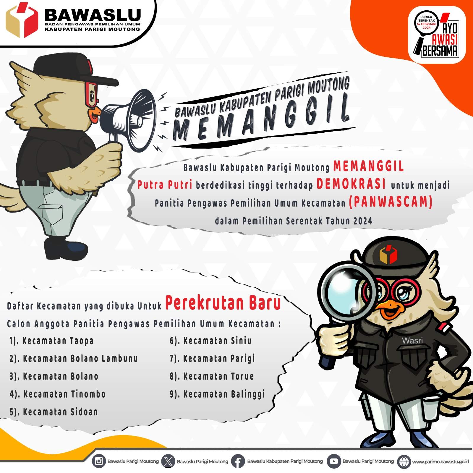 Pengumuman Pendaftaran Calon Anggota Panwaslu Kecamatan Dalam Rangka Pemilihan tahun 2024