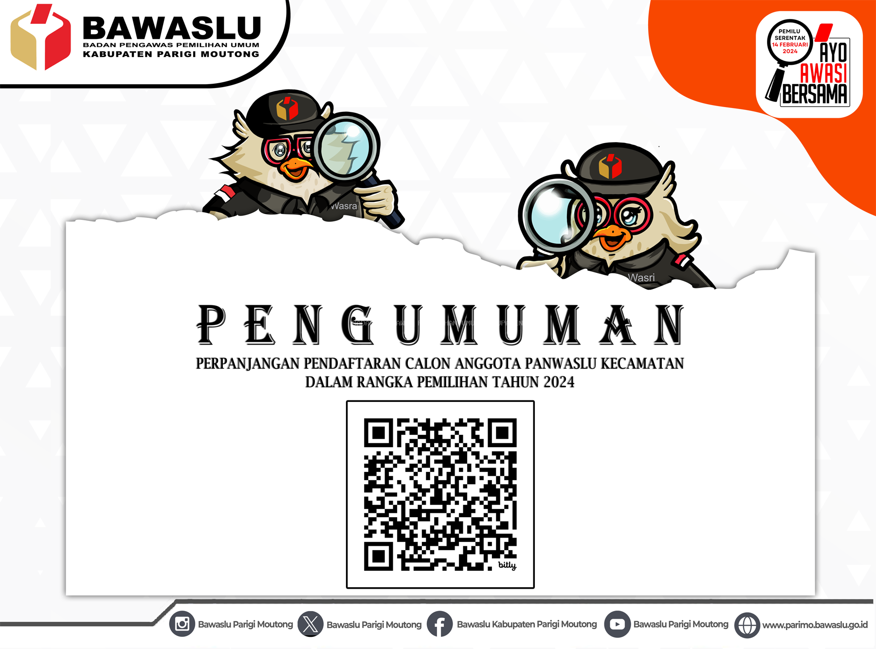 PENGUMUMAN  PERPANJANGAN PENDAFTARAN  CALON ANGGOTA PANWASLU KECAMATAN DALAM RANGKA PEMILIHAN TAHUN 2024