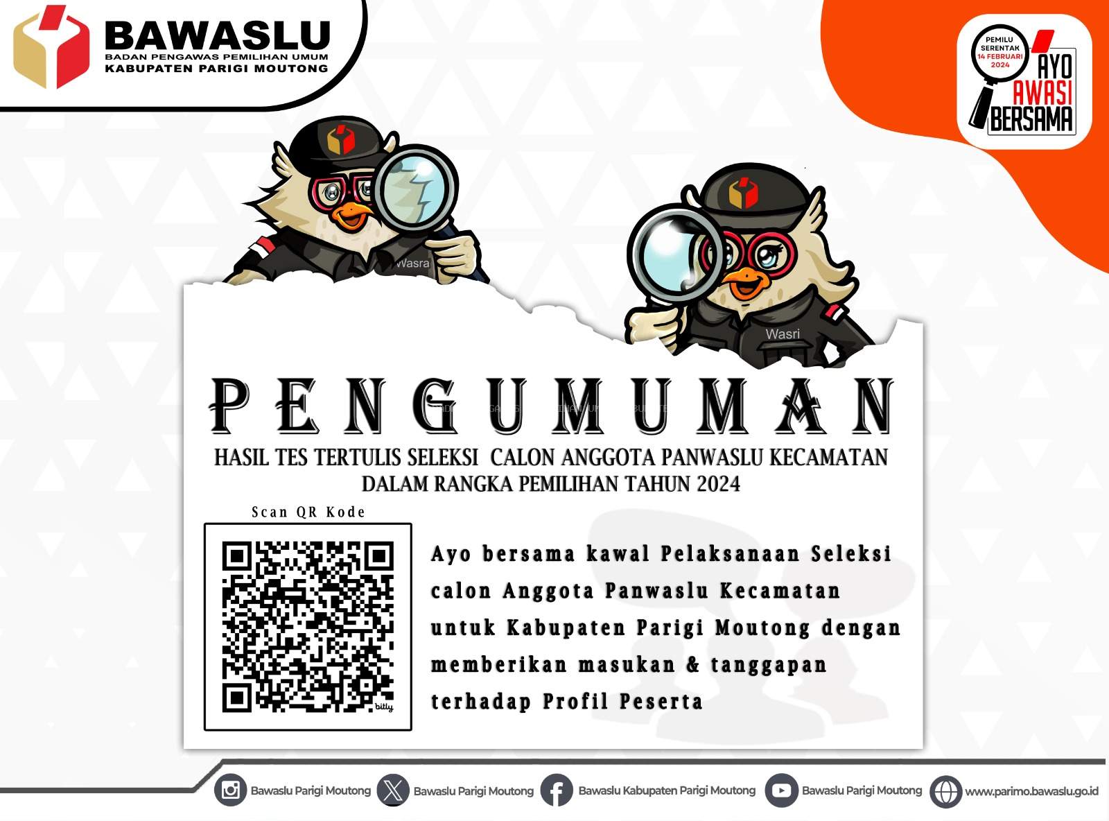 PENGUMUMAN HASIL TES TERTULIS SELEKSI CALON ANGGOTA PANWASLU KECAMATAN UNTUK KABUPATEN PARIGI MOUTONG 