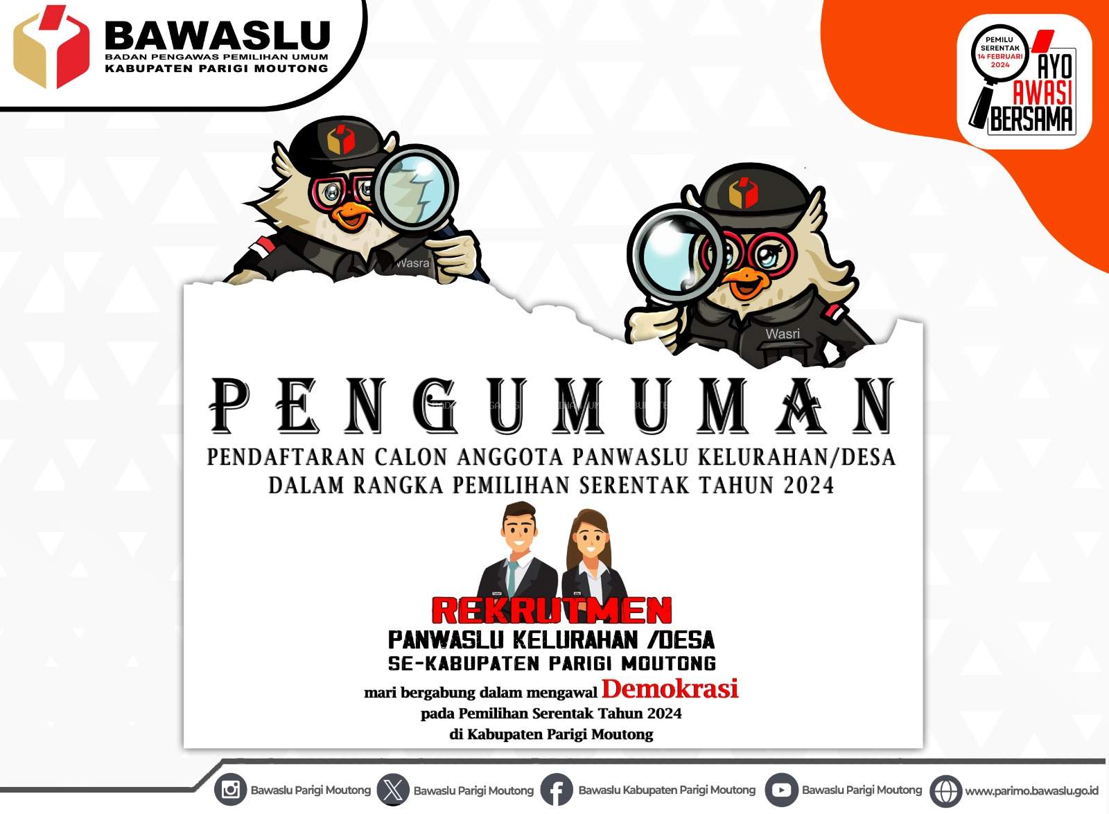 PENGUMUMAN PENDAFTARAN CALON ANGGOTA PANWASLU KELURAHAN/DESA DALAM RANGKA PEMILIHAN SERENTAK TAHUN 2024