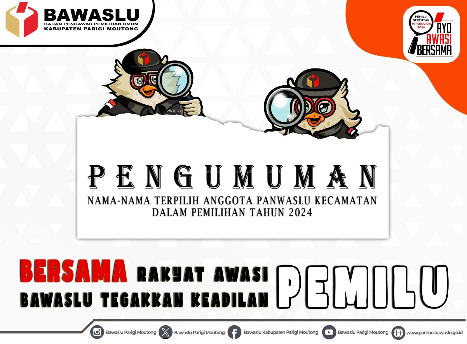 PENGUMUMAN NAMA-NAMA TERPILIH ANGGOTA PANWASLU KECAMATAN DALAM PEMILIHAN TAHUN 2024
