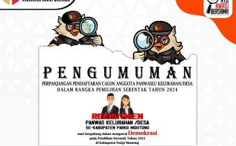 PENGUMUMAN PERPANJANGAN PENDAFTARAN CALON ANGGOTA PANWASLU KELURAHAN/DESA DALAM RANGKA PEMILIHAN SERENTAK TAHUN 2024